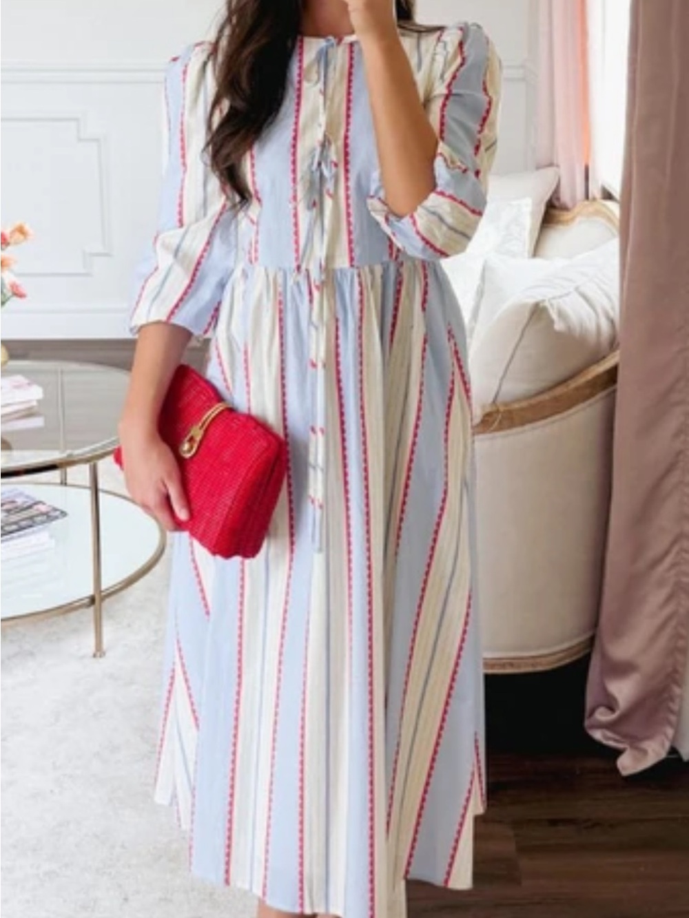 Dainty Jewells Light Blue & White Striped Midi Dress with Red Accents